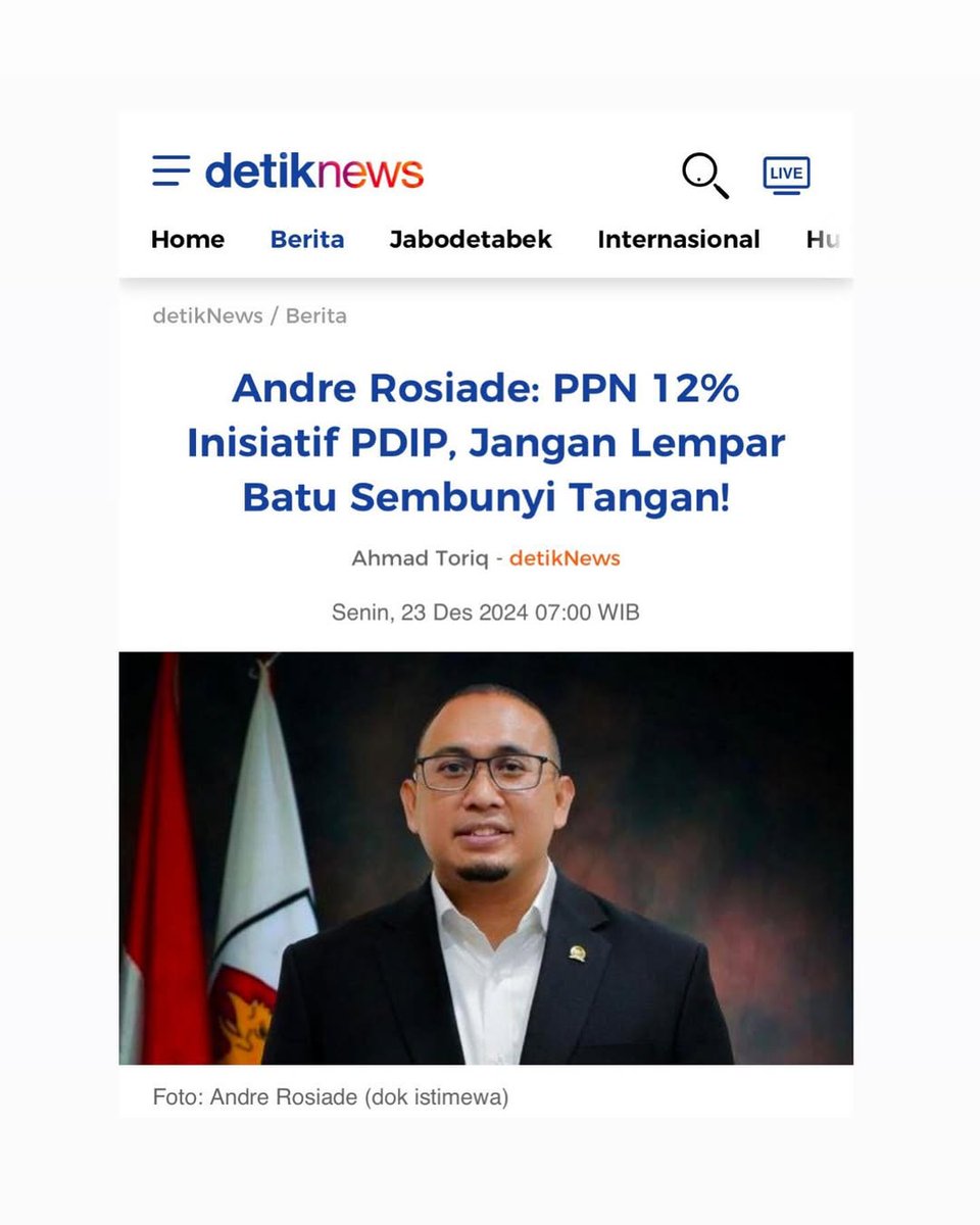 andre_rosiade's tweet photo. Wakil Ketua Fraksi Gerindra DPR RI Andre Rosiade turut bicara soal isu kenaikan PPN menjadi 12%. Andre menegaskan kenaikan PPN tersebut merupakan inisiatif dari PDIP.

"Sekarang seakan-akan PDIP lempar batu sembunyi tangan atas kenaikan PPN 12%, lalu menyerang Pemerintahan Prabowo, padahal tahun 2021 lalu ini adalah inisiatif mereka. Jadi kenaikan PPN 12% ini inisiatif mereka, sekarang PDIP jangan lempar batu sembunyi tangan," kata Andre kepada wartawan, Senin (22/12/2024) malam.

Andre mengatakan Pemerintahan Prabowo kini dihadapkan dengan situasi harus melaksanakan Undang-Undang Nomor 7 Tahun 2021 tentang Harmonisasi Peraturan Perpajakan (HPP), yang menjadi dasar kenaikan PPN 12%. Pemerintahan Prabowo, kata Andre, tidak bisa serta merta memotong tarif PPN, karena APBN untuk tahun anggaran 2025 telah disepakati oleh Pemerintah dan DPR periode 2019-2024.

"Kalau masyarakat ingin tahu kenapa PPN naik, tanya Dolfie PDIP. Siapa Dolfie? Dia adalah ketua Panitia Kerja Undang Undang HPP tahun 2021 lalu, yang menjadi dasar kenaikan PPN 12%. Dia, dan PDIP, adalah motornya kenaikan PPN 12%. Jadi sekali lagi saya katakan PDIP jangan lempar batu sembunyi tangan," ujar Sekretaris Fraksi Gerindra MPR RI ini.

Pemerintah Prabowo, masih kata Andre, berupaya tetap menjalankan Undang-Undang itu namun dengan memahami kondisi masyarakat yang sedang sulit. Dia mengatakan Pemerintahan Prabowo 'mengakali' pelaksanaan Undang-Undang tersebut dengan menerapkan PPN 12% hanya ke barang mewah, sementara kebutuhan pokok rakyat tetap dengan PPN 11%.

"Jadi Pemerintahan Prabowo ini sudah berupaya untuk meringankan beban masyarakat dari penerapan Undang-Undang yang dimotori PDIP. Jadi PDIP, khususnya Dolfie sebagai Ketua Panja UU HPP, jangan memprovokasi masyarakat. Anda Dolfie adalah motor kenaikan PPN 12% ini," ujar Andre yang juga Wakil Ketua Komisi VI DPR.

#AndreRosiade #Gerindra