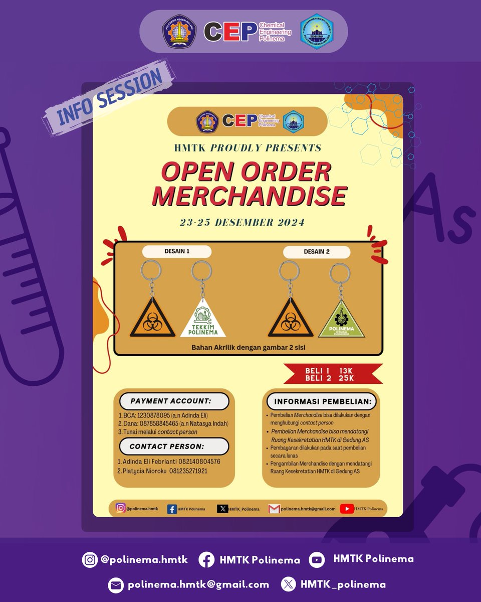 📢 OPEN ORDER MERCHANDISE 2024 📢
 23-25 Desember 2024

Halo Mahasiswa Teknik Kimia Polinema👋🏻
Himpunan Mahasiswa Teknik Kimia memberikan kenang-kenangan bagi mahasiswa dengan menyediakan Open Order Merchandise.