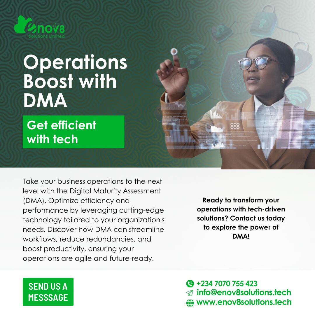 Enov8Solutions's tweet image. Ready to transform your operations with tech-driven solutions? Contact us today to explore the power of DMA!

info@enov8solutions.tech
buff.ly/45ZbgBX 

#DigitalMaturityAssessment #EfficientOperations #BusinessGrowth #wizkid #OperationalExcellence #RemovalofEC