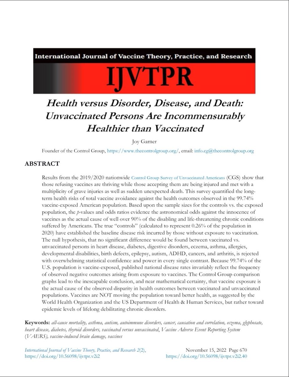 heather_parisi's tweet image. Un importante studio, sottoposto a peer review ijvtpr.com/index.php/IJVT… e pubblicato su International Journal of Vaccine Research ha concluso che le malattie croniche e le patologie mortali, come il cancro, sono "incommensurabilmente" più basse nelle persone “che non hanno mai…
