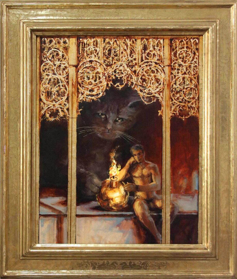 Robert C. Rore, WV 10165, Der Philosoph (mit der Katze), Öl auf Holz, 50x40 cm, signiert, datiert 2024, im historischen Goldrahmen

en détail - Internationale Gruppenausstellung 

kunstbehandlung.com/Programm/En-de…