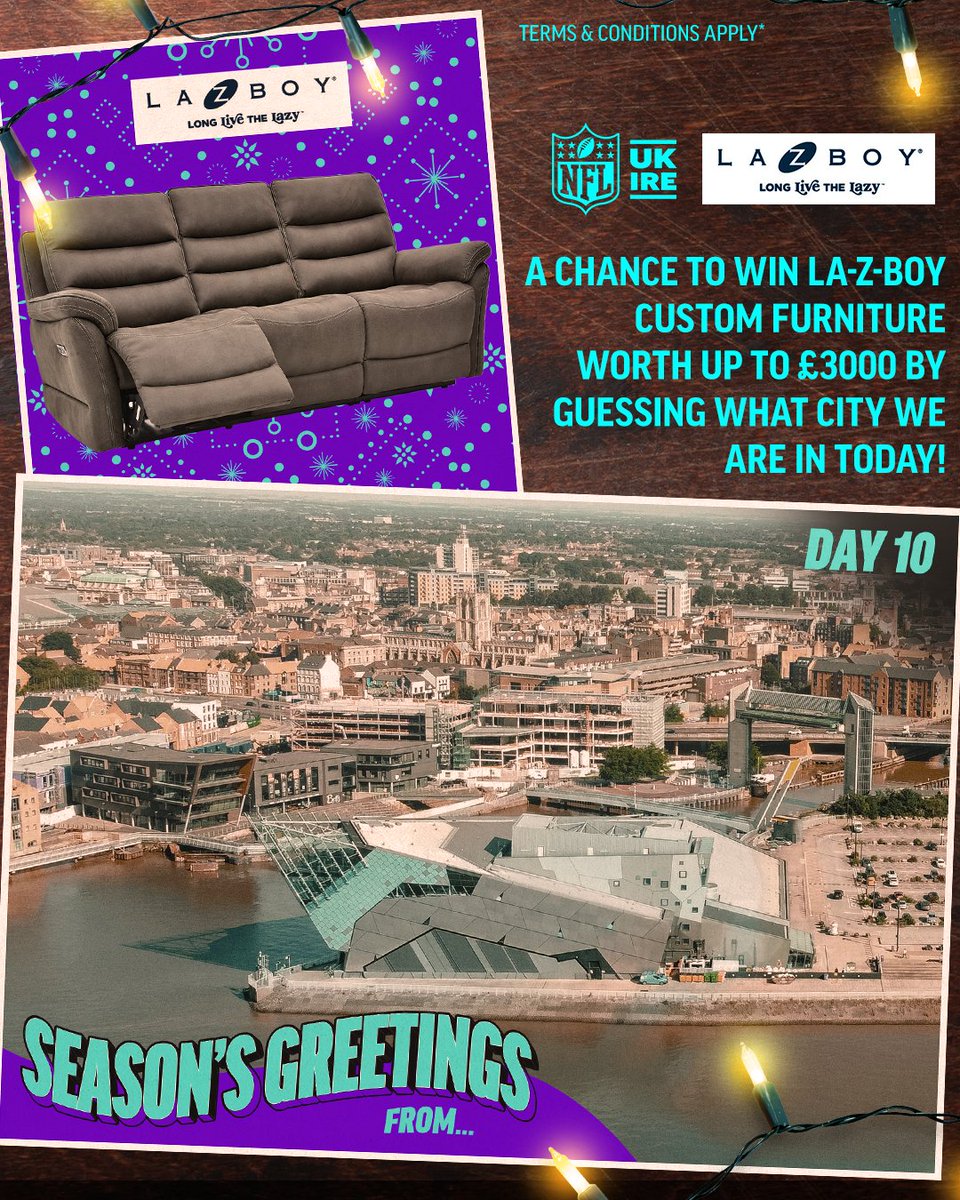 NFL UK & Ireland (@nflukire) on Twitter photo 🎄 Find The Joy Day 10 🎁
A chance to win LA-Z-BOY custom furniture worth up to £3000!
To enter:
Make sure you’re following <a href="/NFLUKIRE/">NFL UK & Ireland</a> and <a href="/lazboyuk/">La-Z-Boy UK & Ireland</a>
Guess what city we’re in by commenting below. 🎄 Find The Joy Day 10 🎁
A chance to win LA-Z-BOY custom furniture worth up to £3000!
To enter:
Make sure you’re following <a href="/NFLUKIRE/">NFL UK & Ireland</a> and <a href="/lazboyuk/">La-Z-Boy UK & Ireland</a>
Guess what city we’re in by commenting below.