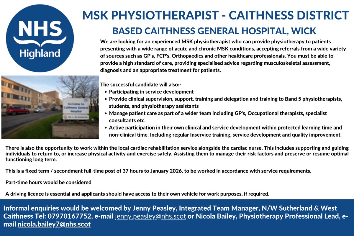 ⭐Outpatient MSK Physiotherapist, Caithness General Hospital, Wick⭐ 

Closing date:- Sunday 12th January 2025

Apply here: apply.jobs.scot.nhs.uk/Job/JobDetail?…