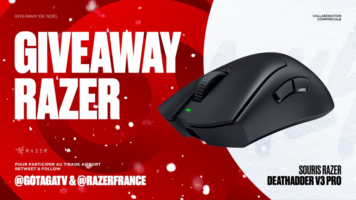 Un clavier ne va jamais sans une souris !
Alors <a href="/RazerFrance/">R Λ Z Ξ R 🇫🇷</a> continuent de vous régaler 🎁

Pour participer et tenter de gagner une souris DeathAdder V3 Pro 
#RT &amp; #Follow <a href="/RazerFrance/">R Λ Z Ξ R 🇫🇷</a> &amp; <a href="/GotagaTV/">GotagaTV</a> !

TAS 30/12

Collaboration Commerciale