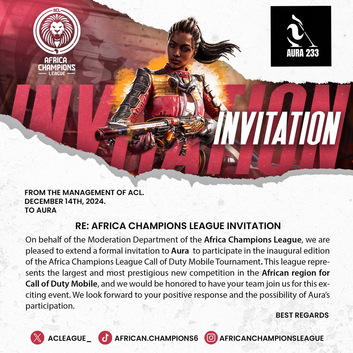 Thank you for the prestigious invitation to the Africa Champions League Call of Duty Mobile Tournament. Aura233 is honored to accept and excited to compete at this esteemed event. We look forward to contributing to its success. 

#esports #codm #ACL #samsungmobile
