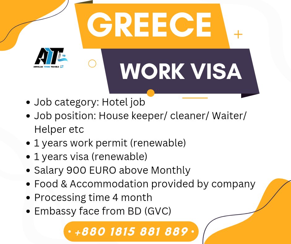 abdullahtravel1's tweet photo. #Greece Work visa #girls
=> Hotel job 
=> House keeper, Cleaner, Waiter, Helper etc
=> 8 hours duty + OT
=> Salary 900 + Euro
=> 1 years permit
=> 1 years visa
=> All documents will be verified Ministry of labor department #greece 
=> Processing time 4 month
=> Embassy face in BD https://t.co/HBClu37qEy