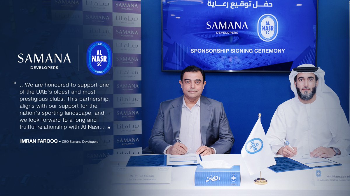 samanadeveloper's tweet image. Renewed for greatness! SAMANA Developers proudly partners with Al-Nasr Sports Club for another season, celebrating teamwork, ambition, and community spirit.

#samanadevelopers #alnasrsportsclub #sports #realestate #communitybuilding #sportsclub #partnership #dubai