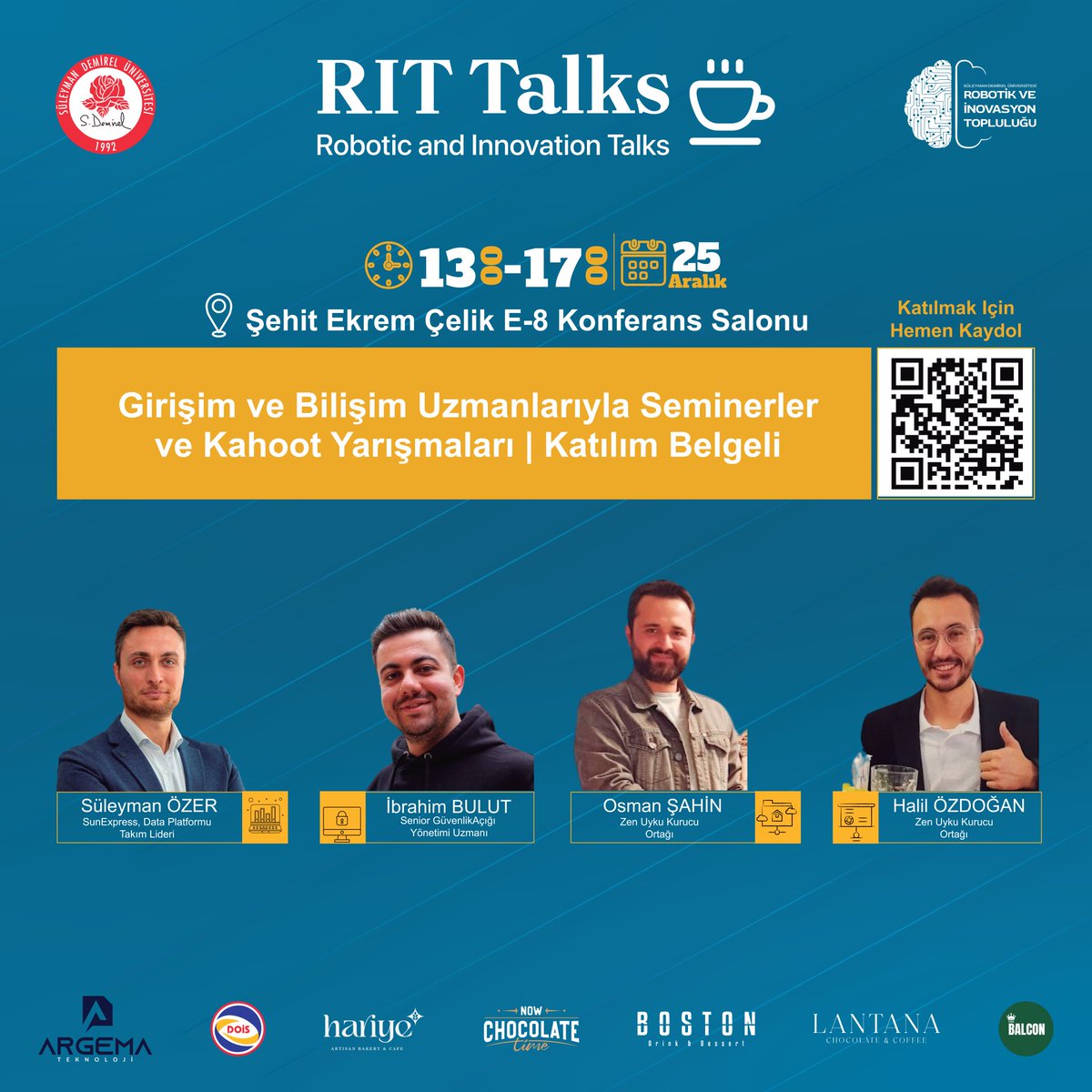 RIT Talks’a Davetlisiniz!

<a href="/sd_universitesi/">SDÜ</a> Robotik ve İnovasyon Topluluğu olarak düzenlediğimiz RIT Talks ile ilham dolu hikayelere hazır olun!

🎁 Amazon Hediyye Çeki, Maket Uçak ve daha fazlası sizi bekliyor!

📢 Kayıt ve daha fazla bilgi için: forms.gle/JHLxdCy19Ynm2v…
