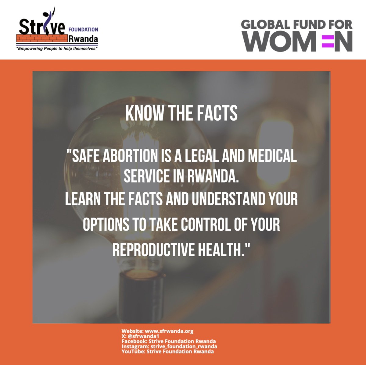 Sfrwanda1's tweet photo. Today marks the conclusion of a week-long social media campaign by @Sfrwanda1, in partnership with @GlobalFundWomen, dedicated to empowering adolescent girls, young women (AGYW), and female sex workers (FSWs) with essential Sexual and Reproductive Health and Rights (SRHR) knowledge.
Through engaging flyers and short videos shared across platforms, the campaign aimed to equip women with accurate information to make informed health choices, access vital #SRHR services, and uphold their dignity and rights.
This initiative addressed key challenges such as stigma and misinformation, promoting awareness, reducing barriers, and fostering open conversations.
We extend our heartfelt gratitude to partners whose support made this impactful initiative possible. Your contributions have helped amplify awareness, reduce stigma, and enhance access to #SRHR services, enabling women and girls to make informed choices and live with dignity
While the campaign ends today, the mission continues. Let’s keep advocating for health, rights, and empowerment for all by staying informed, spreading awareness, and supporting accessible #SRHR services. Together, we can build a world where women and girls (AGYW and FSWs) lead empowered, healthy lives.
#SRHRMatters #SafeChoices #AGYW #FSWS @RwandaHealth @RwandaNGOForum @RBCRwanda @USAIDRwanda @UNFPARwanda @UNAIDS @unwomenrwanda @WHO