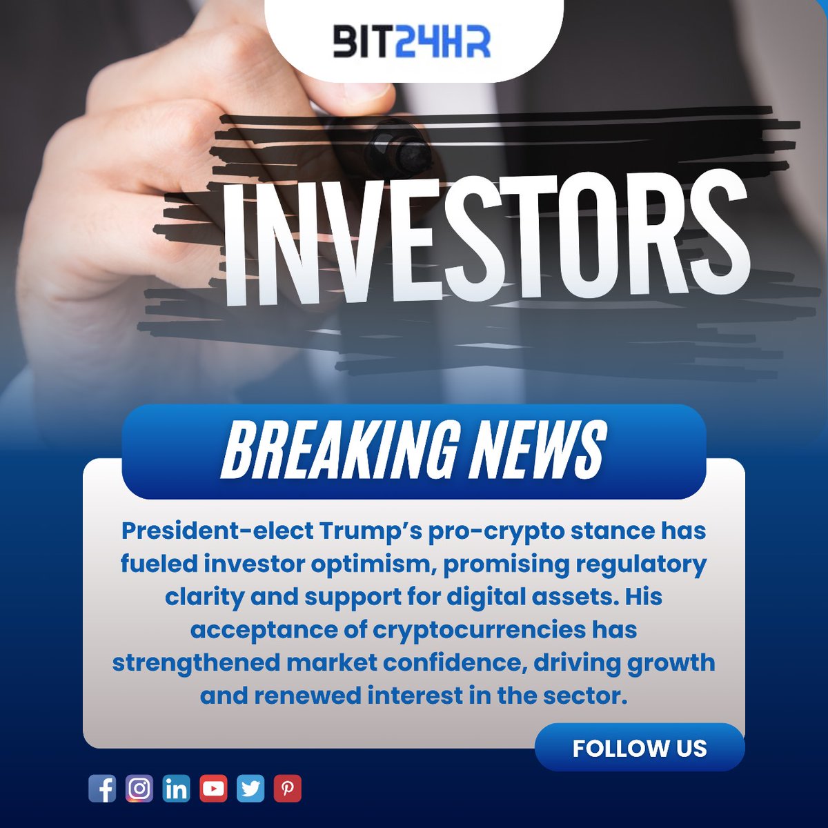 24hrBit's tweet photo. President-elect Trump’s pro-crypto stance has fueled investor optimism, promising regulatory clarity and support for digital assets. His acceptance of cryptocurrencies has strengthened market confidence, driving growth and renewed interest in the sector.

#Trump #Crypto #Blockchain #DigitalAssets