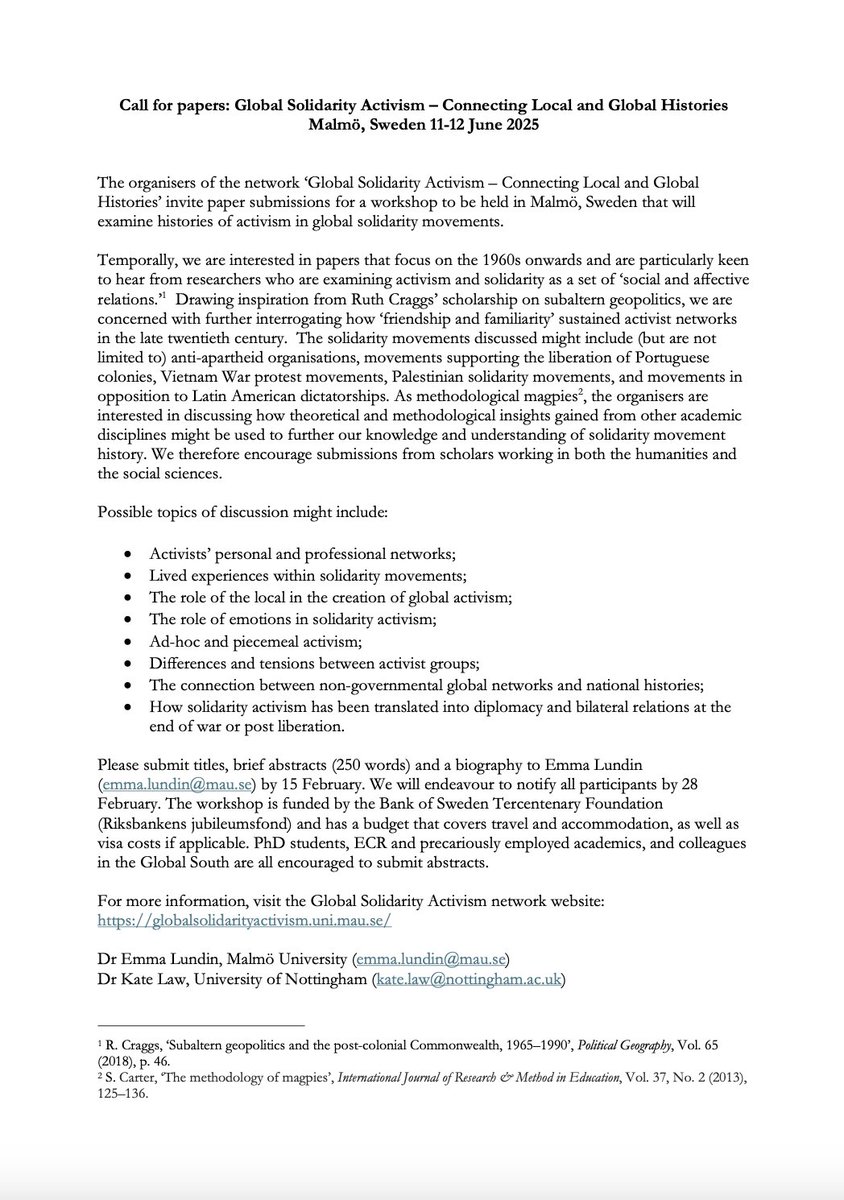 Dr. Kate Law (@drkatelaw) on Twitter photo Call for papers: Global Solidarity Activism – Connecting Local and Global Histories Malmö, Sweden 11-12 June 2025. Abstracts due 15/2/25. <a href="/EmmaElinor/">Emma Lundin</a> <a href="/mininghistory/">Duncan Money</a> <a href="/DrAnaStevenson/">Ana Stevenson @dranastevenson.bsky.social</a> <a href="/simamkeleD/">Dr. Simamkele Dlakavu (PhD)</a> <a href="/ProfSrilaRoy/">Srila Roy</a> <a href="/DrLauraKEvans/">Laura Evans</a> <a href="/tnflorvil/">Dr. T. Flor/ Dr. T. Flo</a> <a href="/DrLauraKing/">Laura King</a> <a href="/BrackeAnne/">Prof Maud Anne Bracke</a> <a href="/tortietabby/">Laura Kelly</a> Call for papers: Global Solidarity Activism – Connecting Local and Global Histories Malmö, Sweden 11-12 June 2025. Abstracts due 15/2/25. <a href="/EmmaElinor/">Emma Lundin</a> <a href="/mininghistory/">Duncan Money</a> <a href="/DrAnaStevenson/">Ana Stevenson @dranastevenson.bsky.social</a> <a href="/simamkeleD/">Dr. Simamkele Dlakavu (PhD)</a> <a href="/ProfSrilaRoy/">Srila Roy</a> <a href="/DrLauraKEvans/">Laura Evans</a> <a href="/tnflorvil/">Dr. T. Flor/ Dr. T. Flo</a> <a href="/DrLauraKing/">Laura King</a> <a href="/BrackeAnne/">Prof Maud Anne Bracke</a> <a href="/tortietabby/">Laura Kelly</a>