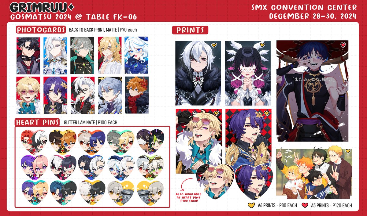 grimruu's tweet photo. [❤️RTs]
✨Merch catalogue for Cosmatsu 2024 !!✨

Will be part of Brainrot Blorbos x Lunchbox Circle at table FK-06, please drop by if you can! 🫶

I will have mostly HSR + Genshin, Vocaloid, Mouthwashing &amp; Haikyuu merch!

#FanFairAtCosplayMatsuri2024 #CosplayMatsuri2024 https://t.co/jCmAislryW
