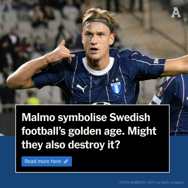 TheAthleticFC's tweet photo. Swedish football — where clubs must be majority-owned by fans — has been thriving.

The top flight has had 11 different winners since 2000, but now Malmo have won four of the last five.

They symbolise Swedish football's golden age. Might they also destroy it?

✍️ @RorySmith