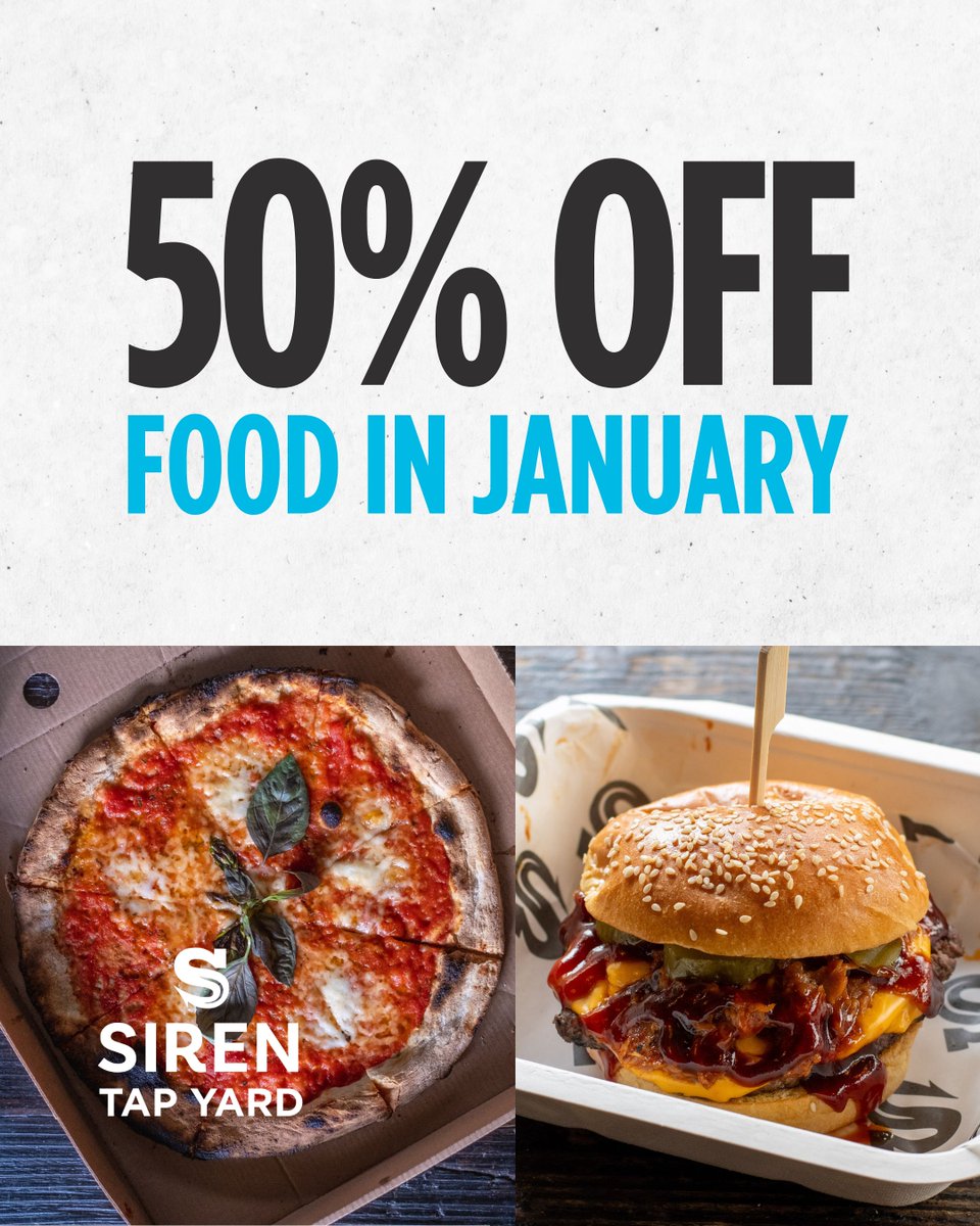 We've got a special treat for you to help your wallets after Christmas- we're doing 50% off food for the whole of January! 
This includes our pizzas and any Siren Street Food, but not any of our guest vendors unfortunately.