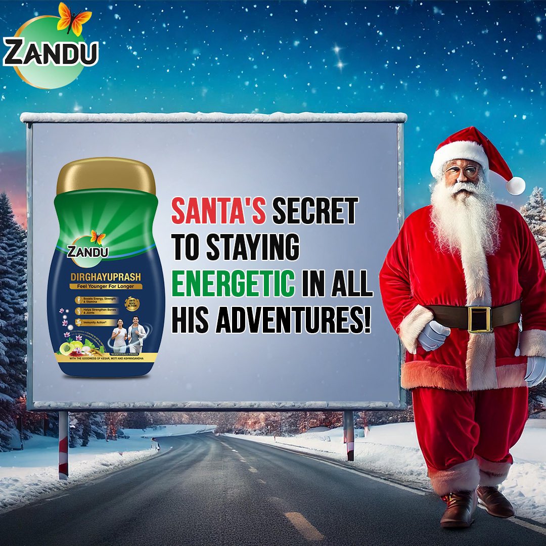 Even after traveling the whole world, Santa is still energetic and feels young! Do you know his secret? It’s Dirghayuprash! Just like Santa, you too can stay unstoppable and full of energy this festive season. 

#FuelLikeSanta #Zanducare #DirghayuprashPower #Christmas