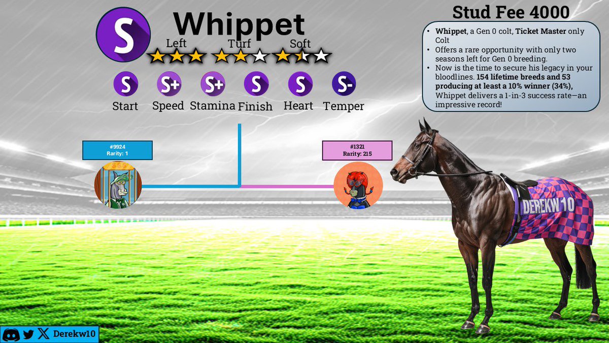 derekw10's tweet image. Whippet, a Gen 0 colt, Ticket Master only.
Offers a rare opportunity with only two seasons left for Gen 0 breeding. 
Now is the time to secure his legacy in your bloodlines. 34% (53) of foals have been at least 10% winners, an impressive record!