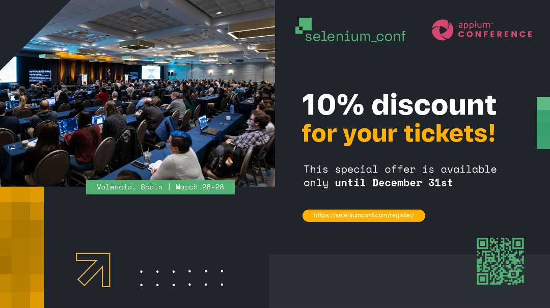 Get 10% off your #SeleniumConf2025 &amp; #AppiumConf tickets! Offer ends Dec 31—secure your spot now for March 26-28 in Valencia! Don’t miss top speakers &amp; networking opportunities. 🎟️ Book here: seleniumconf.com/register/