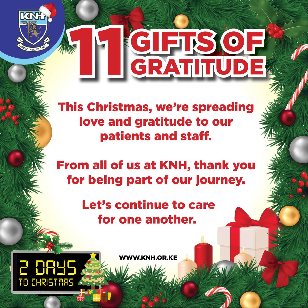 KNH_hospital's tweet photo. At KNH, this Christmas, we celebrate you—our valued clients. Thank you for trusting us with your care and being a part of our journey.
#GiftsOfGratitude 
#KNHChristmas
#KNHInakujali https://t.co/C8kvqYEV4b