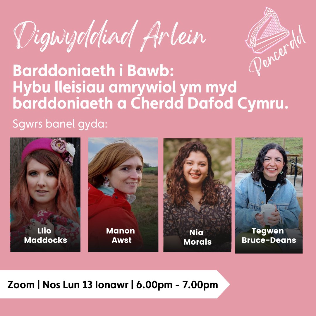 Llenyddiaeth Cymru (@llencymru) on Twitter photo Barddoniaeth i Bawb: hybu lleisiau amrywiol ym myd barddoniaeth a cerdd dafod Cymru
Ymunwch â <a href="/_tegwen/">tegwen</a>, <a href="/nia_llinos/">Nia Morais</a>, <a href="/manonawst/">Manon Awst</a> a <a href="/llioelain/">Llio Maddocks</a> ar gyfer sgwrs banel i drafod y lleisiau sy’n cyfansoddi barddoniaeth yn y Gymru gyfoes.
Cofrestru: llenyddiaethcymru.org/ein-prosiectau… Barddoniaeth i Bawb: hybu lleisiau amrywiol ym myd barddoniaeth a cerdd dafod Cymru
Ymunwch â <a href="/_tegwen/">tegwen</a>, <a href="/nia_llinos/">Nia Morais</a>, <a href="/manonawst/">Manon Awst</a> a <a href="/llioelain/">Llio Maddocks</a> ar gyfer sgwrs banel i drafod y lleisiau sy’n cyfansoddi barddoniaeth yn y Gymru gyfoes.
Cofrestru: llenyddiaethcymru.org/ein-prosiectau…