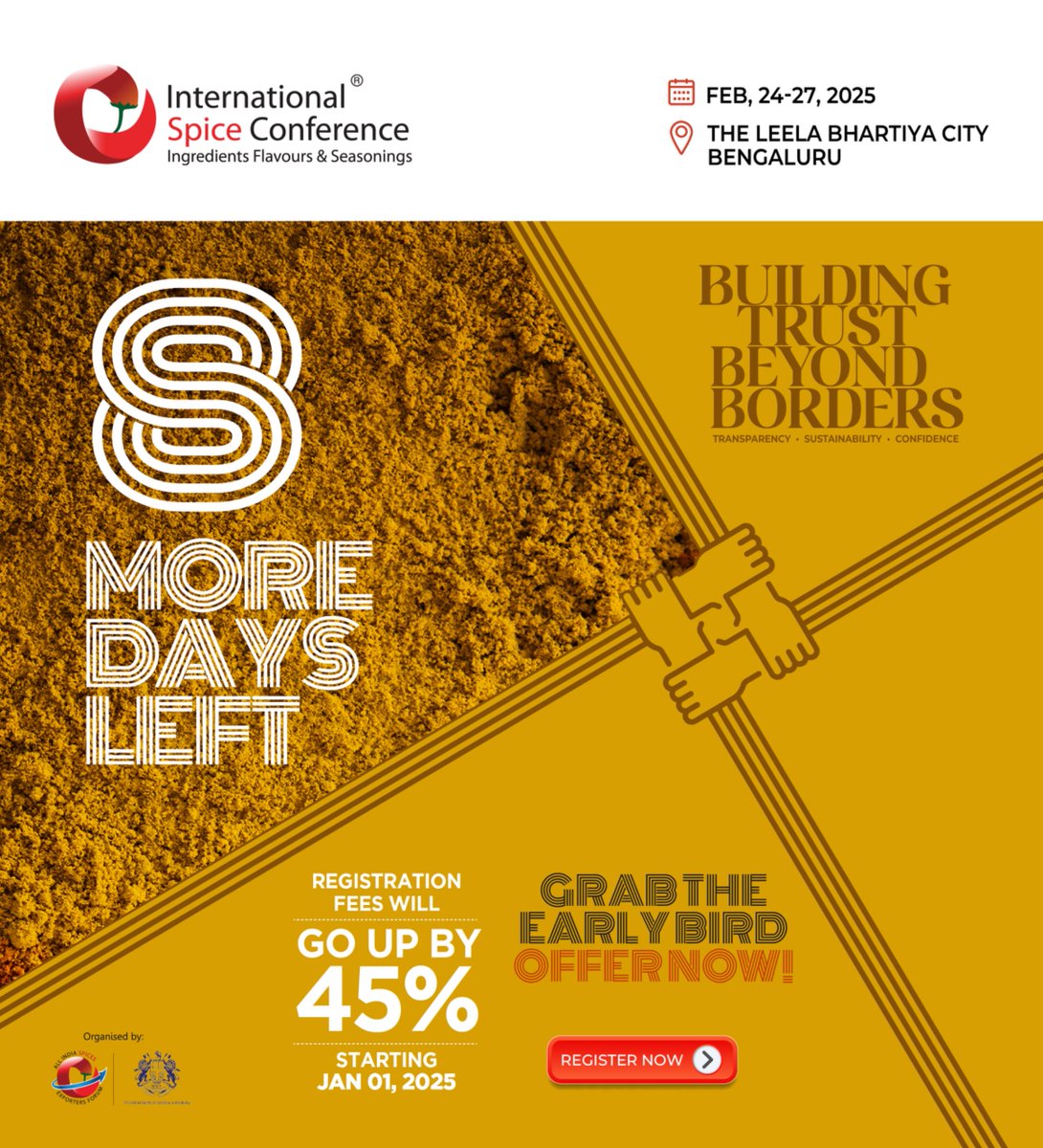 iscaisef's tweet photo. The Clock is Running Out! 8 days to go for your Early Bird Discount on ISC 2025.

Secure your place at the global spice industry’s leading event.

https://t.co/HFOPKDlEAe

#ISC2025 #EarlyBird #SpiceConference https://t.co/Q6dM5kWgXz