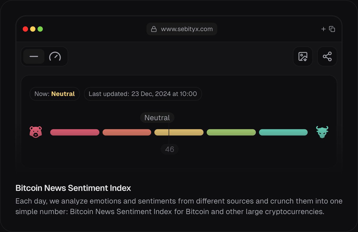 altsnspro's tweet photo. 📈 Bitcoin News Sentiment Index is 46 — Neutral
🚀 Current price: $95,157.51
👉 More details - https://t.co/suxXURTLqD
#BitcoinNewsSentiment #Sebityx #Bitcoin #bitcoinSentiment https://t.co/5yJnrT5Hhq
