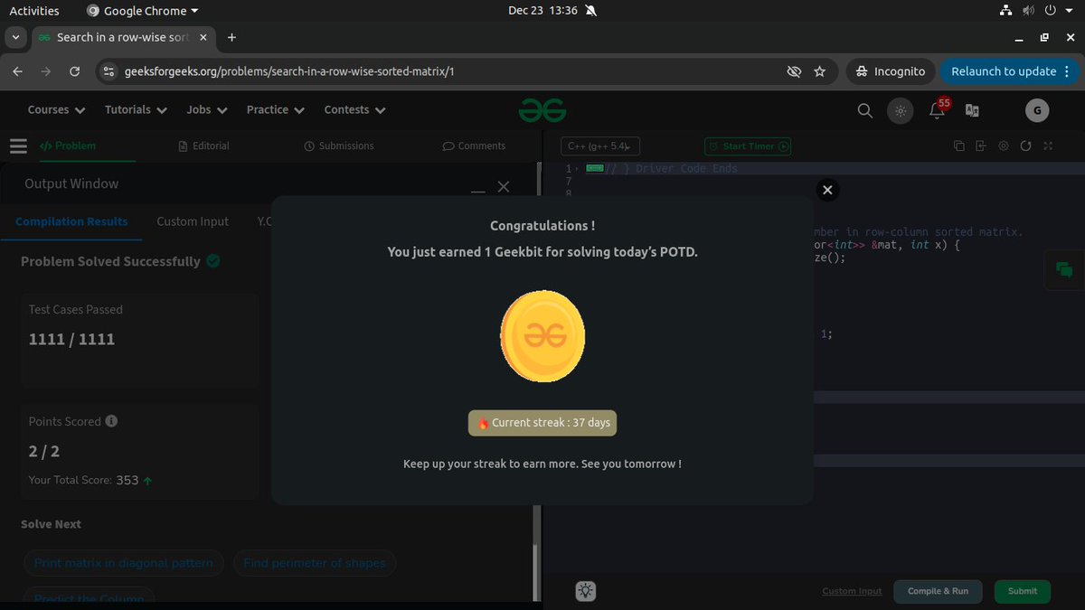 Goutam Mukherjee (@n0ob_coder) on Twitter photo #Day37 of <a href="/geeksforgeeks/">GeeksforGeeks</a> 160 days Challenge: 🚀🔥
Solved - Problem 39 #POTD: Search in a row-wise sorted matrix✅
#geekstreak2024 #gfg160 #gfg #potd #geeksforgeeks #LearnInPublic #Day37 of <a href="/geeksforgeeks/">GeeksforGeeks</a> 160 days Challenge: 🚀🔥
Solved - Problem 39 #POTD: Search in a row-wise sorted matrix✅
#geekstreak2024 #gfg160 #gfg #potd #geeksforgeeks #LearnInPublic