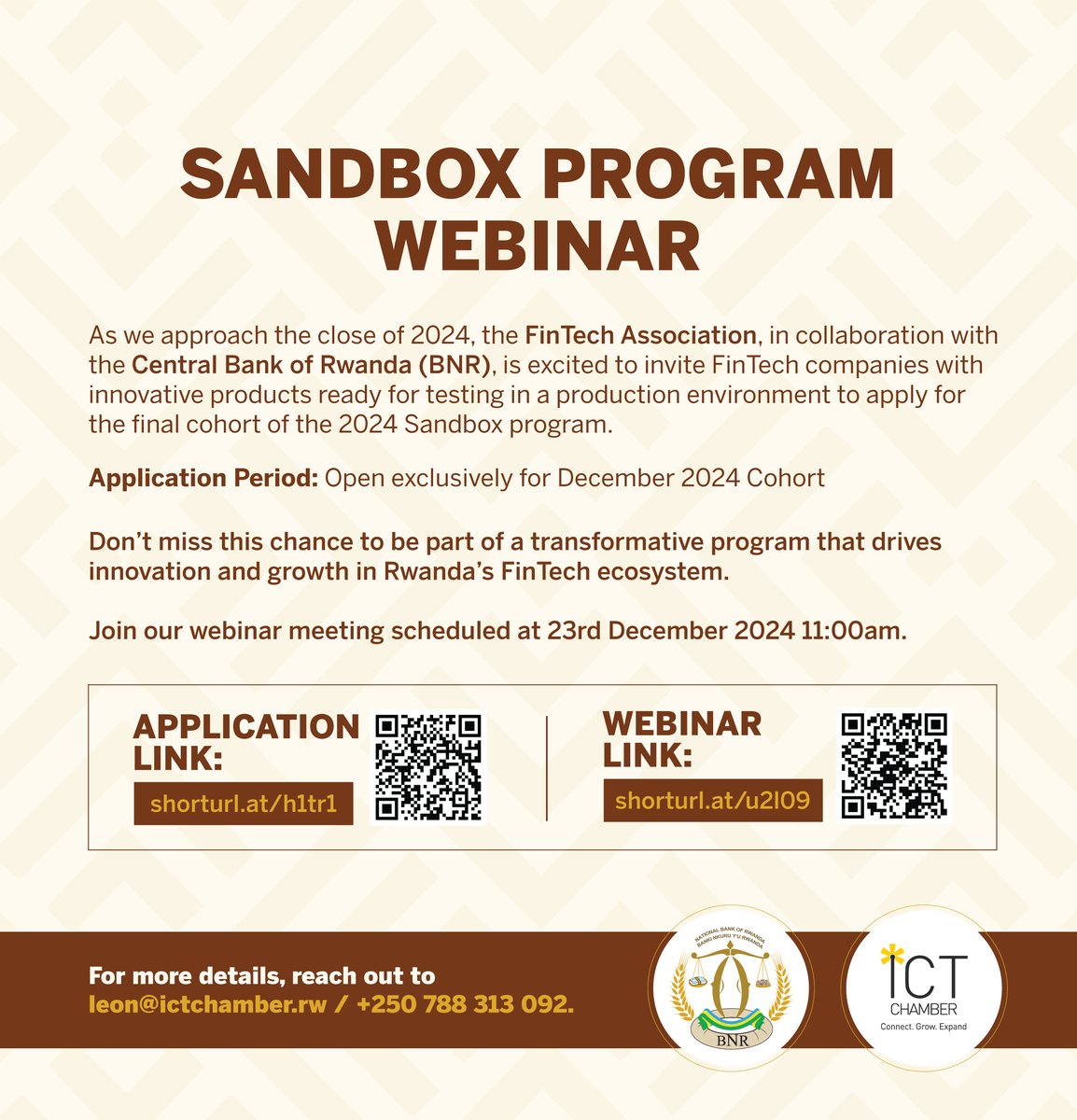 📢 Happening Today!

Join the Sandbox Program Webinar at 11 AM and explore how your innovative FinTech solutions can drive Rwanda's digital transformation! 

🔗Webinar link: meet.google.com/feh-bguc-doi