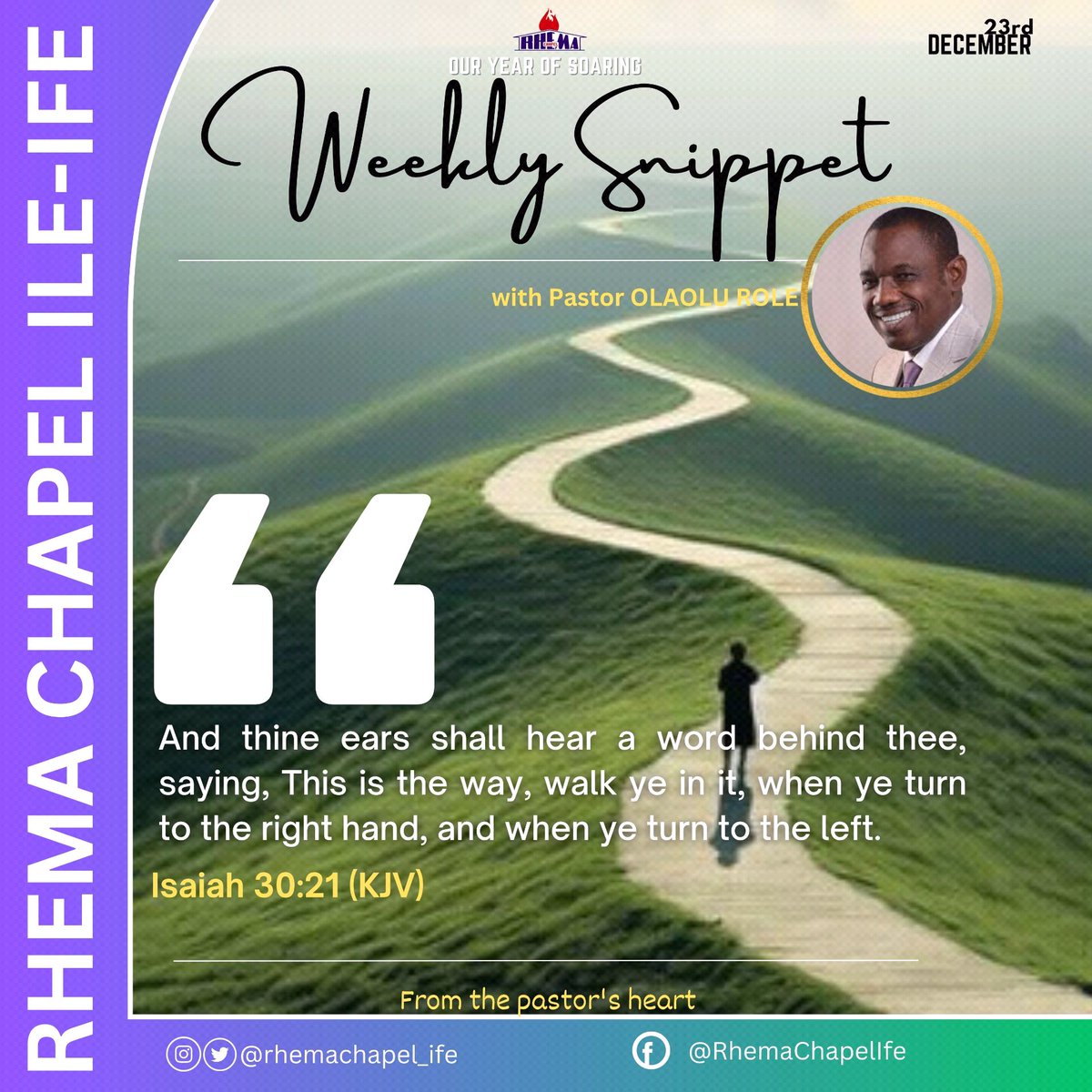 RhemaChapelxIfe's tweet photo. This is a glorious week; a week we celebrate the birth of our Lord Jesus Christ! God is set to birth great things through you if you can believe Him for them.
Here is a declaration from Pastor Olaolu Role.
#Soaring
#SelfExamination
#WeeklySnippet
#MondayMotivation https://t.co/up4UeUhXBy