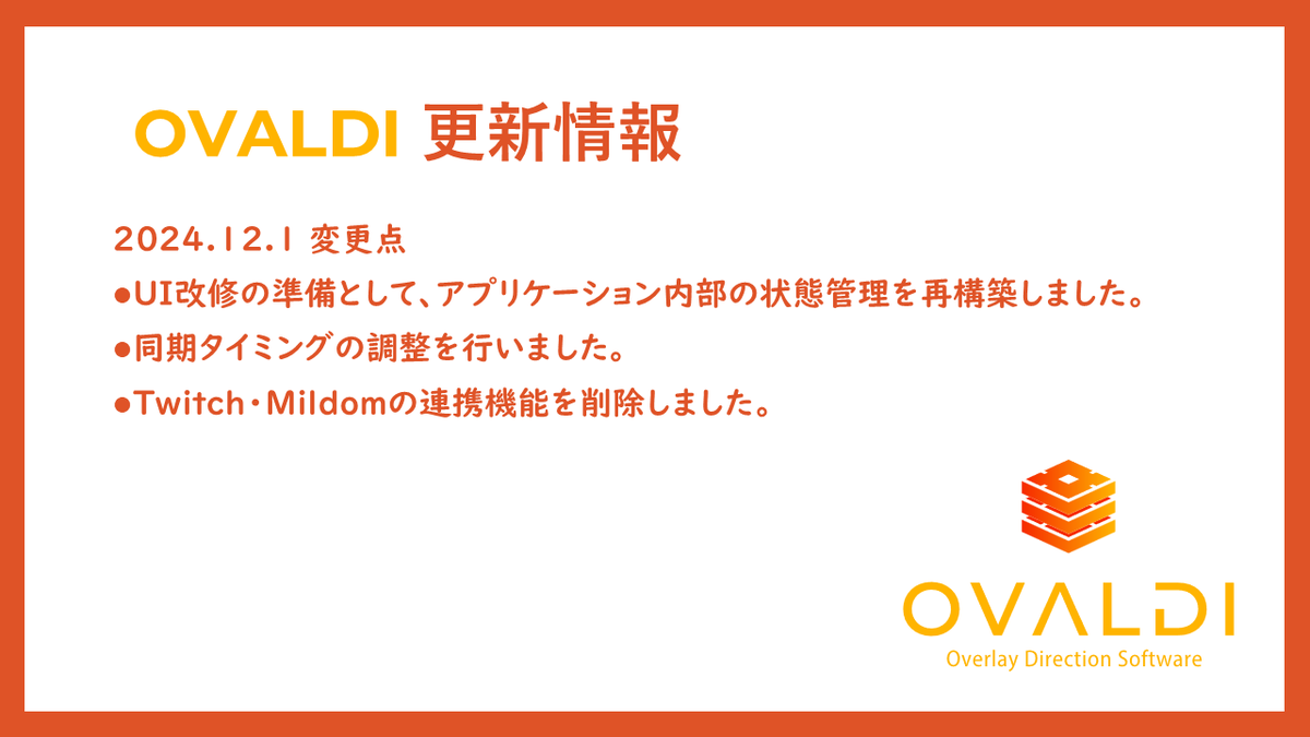 overlaymanager's tweet photo. 🆕2024.12.1が配信されました。
UI改修用の構造変更に大変手間がかかり、久々の更新となりました。
見た目も機能も変更ありませんが、レスポンスは若干向上していると思います。
今後は何個か機能を追加した後、来年前半でUI改修進めていく予定です。
引き続きご愛顧よろしくお願いします。
#OVALDI https://t.co/pv6DPGHtAK
