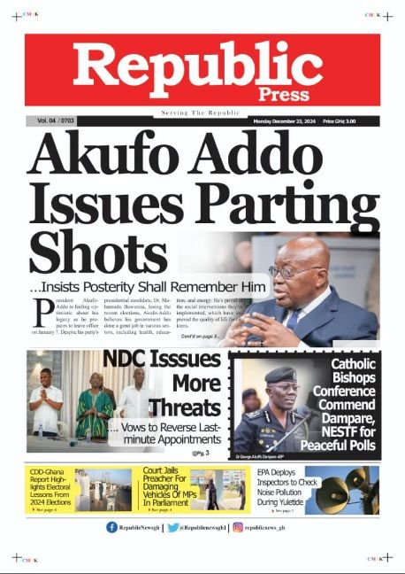 atinkatvgh's tweet photo. Front Pages of Today’s Newspapers || Monday, 23rd December 2024.
#TMGNEWS #newspapersheadlines #Atinka1047fm #AtinkaTv #TobincoMediaGroup

Semeny Dumsor Shatta Wale #BhimFestival2024 Burkina Faso Charlotte Osei Baba Sadiq Removal of EC Stonebwoy #alphahour Kumasi https://t.co/1boAZB49Yc