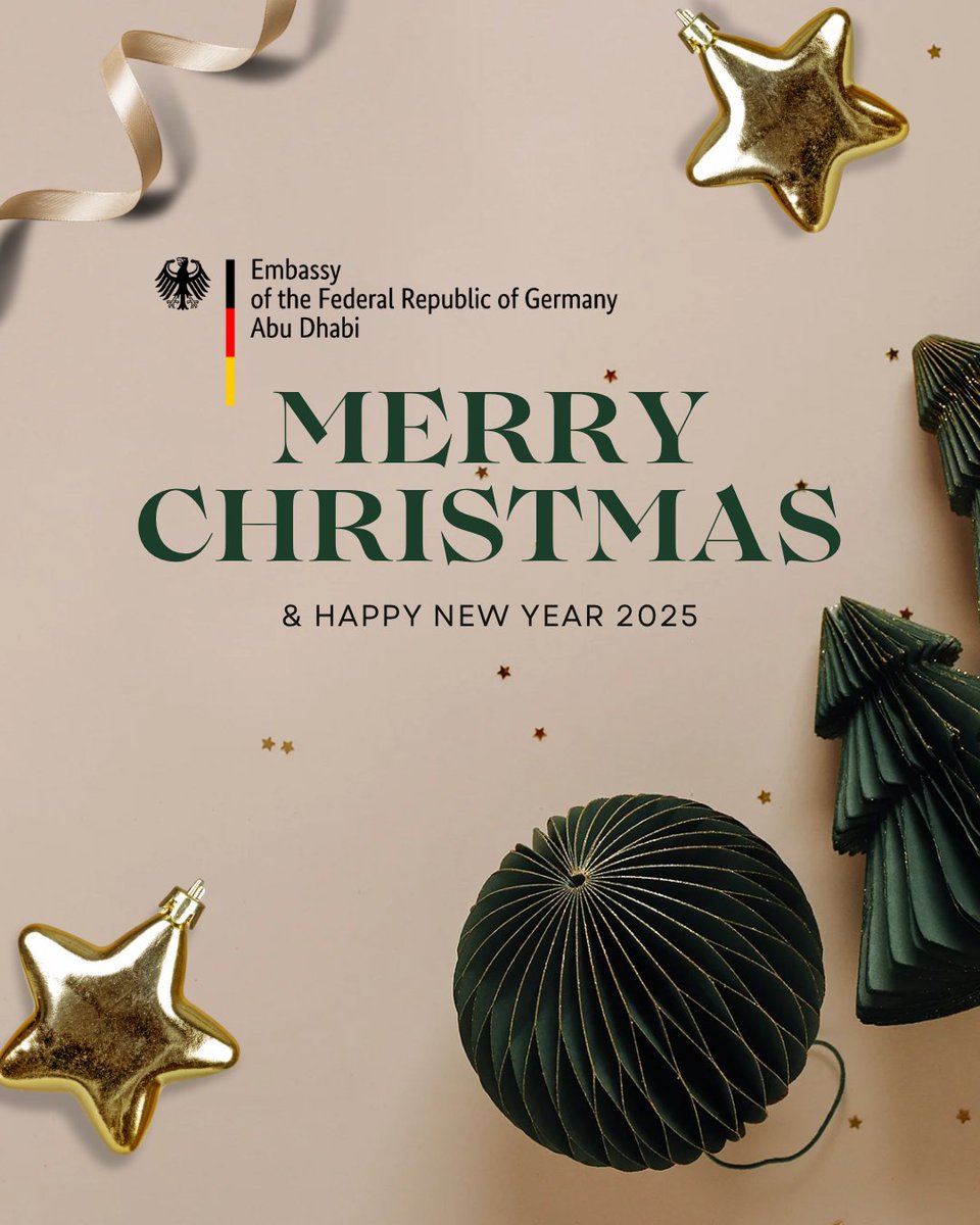 GermanEmbUAE's tweet photo. Ambassador Alexander Schönfelder and the entire team of the German Embassy in Abu Dhabi extend their warmest wishes to you and your loved ones for a Merry Christmas and a happy, peaceful New Year 2025.
#MerryChristmas #HappyNewYear2025 #GermanyinUAE https://t.co/7j0XrgBMWx
