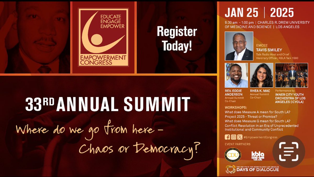 "Where do we go from here - Chaos or Democracy?"
Saturday, January 25, 2025, 8am - 1pm Charles R. Drew University of Medicine and Science
empowermentcongress.org/register/  #ecsummit33