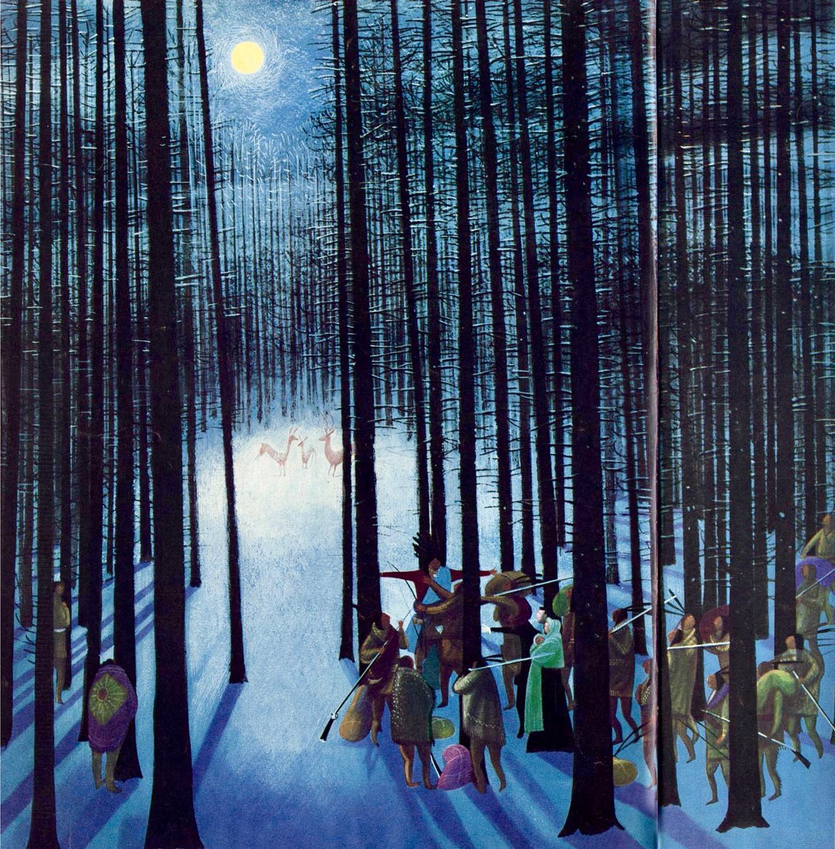 LRonLacy's tweet photo. #OTD in 1955
🧵👇
‘In the glade were three deer, kneeling in the snow. One of the Indians took out an arrow, but Quanta said, “Stay your hand. For such as this we have never seen before.’
#Illustration by Jan Balet (1913-2009) for➡️
#illustrationart #illustrationartists #JanBalet https://t.co/4qzTCheEPt