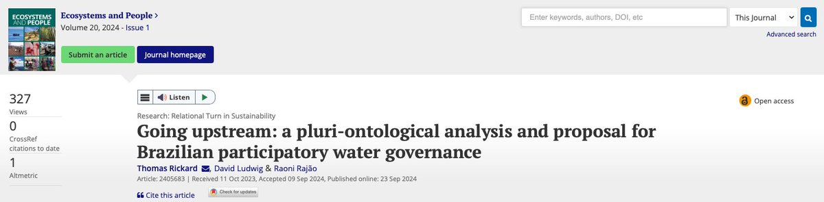 Ecosystems and People (@esandpeople) on Twitter photo New study on Brazilian water governance shows how indigenous and non-indigenous river ontologies are excluded. Proposes a pluralist approach for more inclusive and sustainable planning: tandfonline.com/doi/full/10.10… (SP) <a href="/DavidLudwigWUR/">David Ludwig</a> #OntologicalPluralism #WaterManagement New study on Brazilian water governance shows how indigenous and non-indigenous river ontologies are excluded. Proposes a pluralist approach for more inclusive and sustainable planning: tandfonline.com/doi/full/10.10… (SP) <a href="/DavidLudwigWUR/">David Ludwig</a> #OntologicalPluralism #WaterManagement