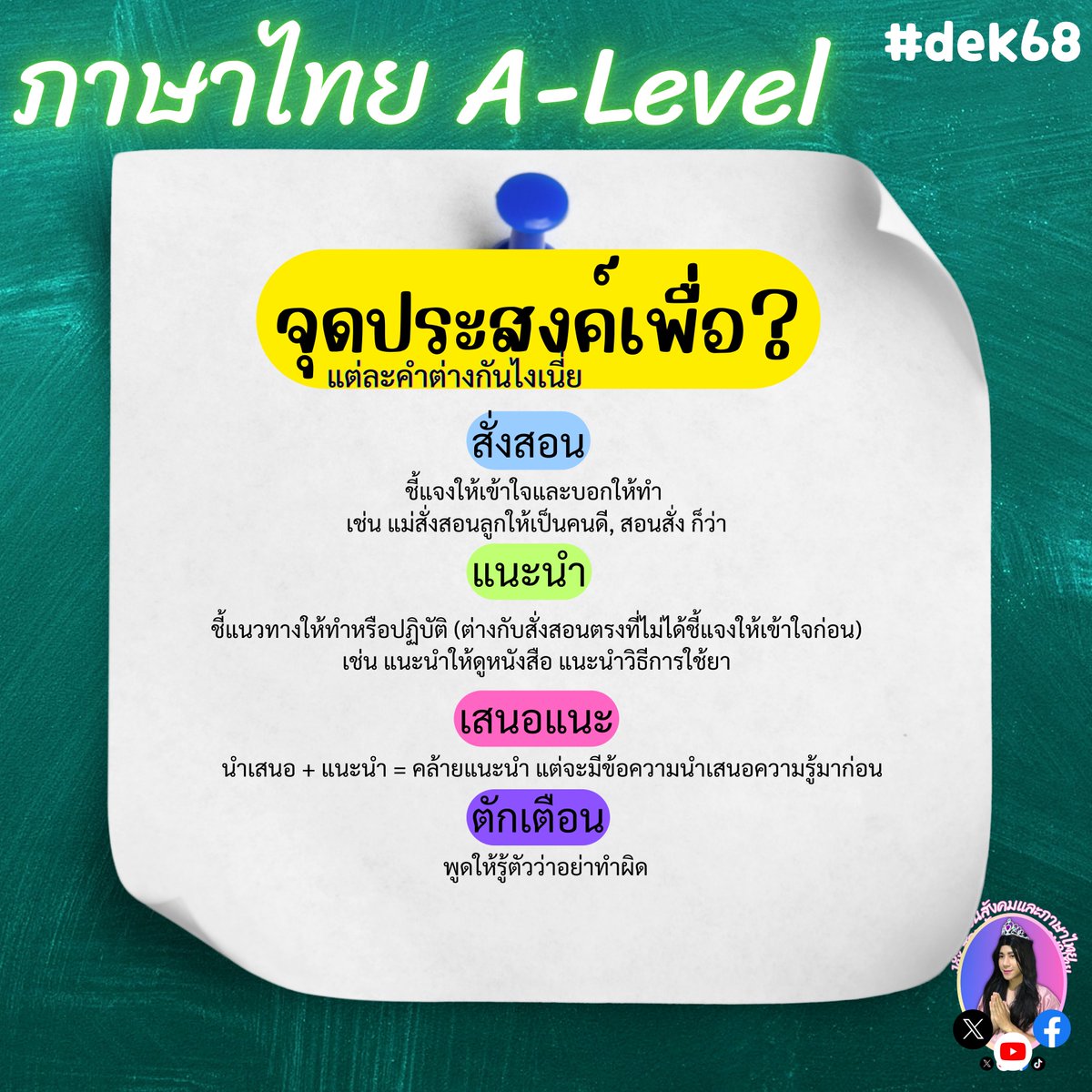 tutorjax's tweet image. ✅ ข้อความต่อไปนี้มีจุดประสงค์อะไร ?
บังคับออกทุกปีในข้อสอบ  #ภาษาไทยALevel 
#Alevel68  #dek68 #ALevel
