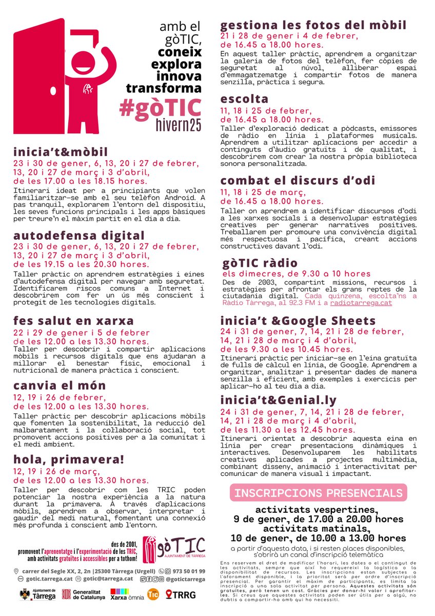 ❄️ L’hivern arriba al Punt Òmnia <a href="/gotictarrega/">gòTIC Ajuntament de Tàrrega</a>, a #Tàrrega, amb activitats GRATUÏTES!

🌟 Transitives, vivencials i sense massificacions per millorar les teves competències digitals. 💻✨ Apunta-t’hi!

#gòTIChivern25

gotic.tarrega.cat/goTIChivern25/