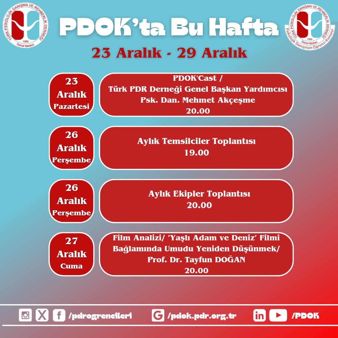 Merhaba Sevgili PDOK Ailesi ☀️
Bu hafta gerçekleştireceğimiz etkinliklerin takvimini sizlerle paylaşıyoruz. Etkinliklerin başvurularına ilişkin afişler ve formlar önümüzdeki günlerde paylaşılacaktır. ☺️

<a href="/turkpdrdernegi/">Türk PDR Der- Psikolojik Danışma ve Rehberlik</a> 
<a href="/pdrogrencileri/">PDOK</a>