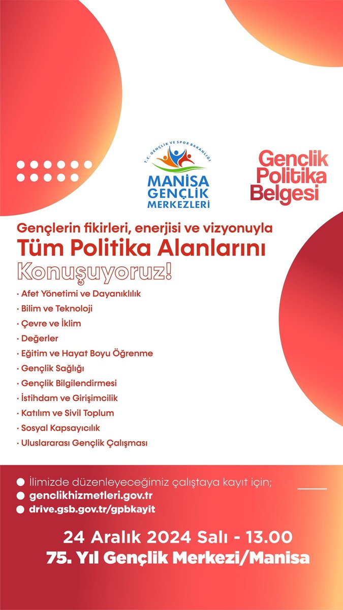 GSB_GordesGM's tweet photo. 📣 Gençlik Politika Belgesi Vizyon Çalıştayı 24 Aralık’ta Manisa’da!

📍 Yer: MANİSA 75. YIL GENÇLİK MERKEZİ
📍Saat: 13:00

#genclik #vizyon #vizyonçalıştayları #politikabelgesi #ManisaGençlik
 @OA_BAK @gencliksporbak https://t.co/OY2YXRR6Ve