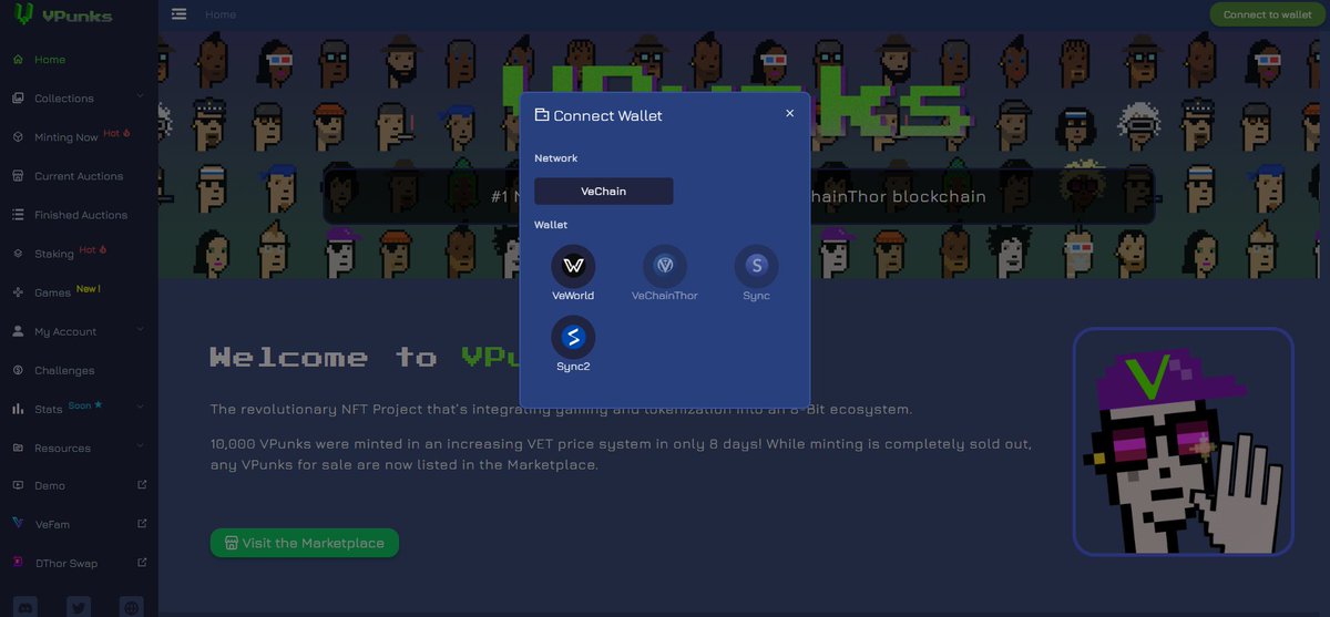 VPunks Update:
We have integrated the VeWorld wallet connection into VPunks.com.  

To connect with VeWorld, follow these steps: 👇