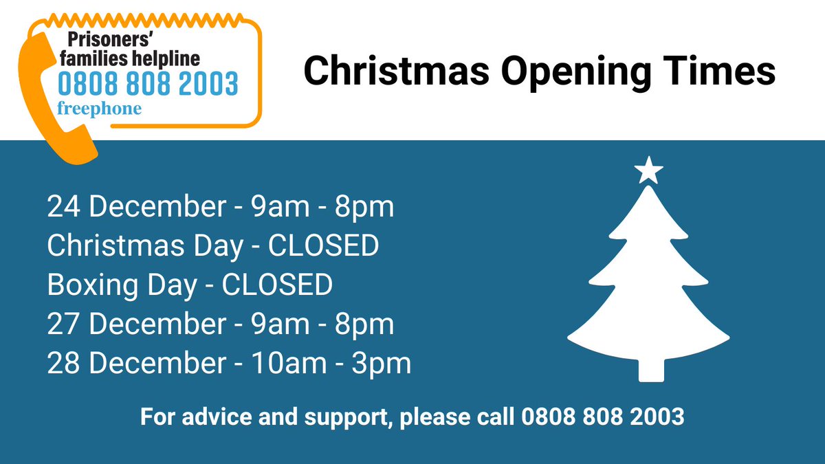 We are closed on Christmas Day, Boxing Day and New Year's Day, but you can find lots of information on our website at prisonersfamilies.org.uk. If you're worried about a loved one, you can report a concern through our online safer custody portal.