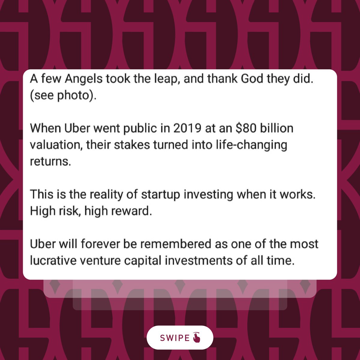 startupdrivers_'s tweet photo. A little Monday Morning Motivation for you.
As we close out the year and take stock of our individual actions and inactions, what could you have done better as an investor this year?

Some of the most successful investments of all time were high risk high reward

#AngelInvesting https://t.co/sF2kbgx3wg