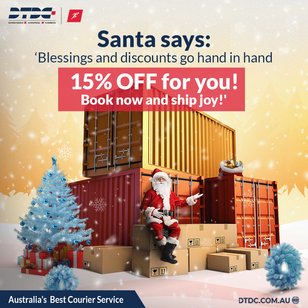 dtdcaustralia's tweet image. Santa’s message this Christmas: "Blessings and 15% OFF just for you!" 🎁📦

Book with DTDC Australia from Dec 19 to Jan 1 and deliver joy at a discount.
Don’t miss out—Santa insists! 🚚🎄

#SantaSpecial #HolidaySavings #15PercentOff #ShipWithJoy #DTDCAustralia