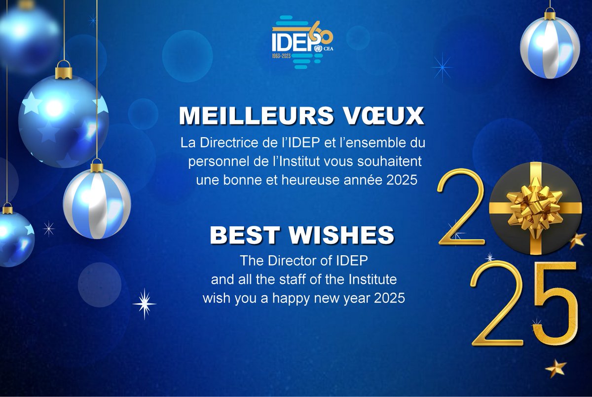 🎉Season's greetings🎄

L'Institut africain de Développement Economique &amp; de Planification vous souhaite de Joyeuses fêtes

The African Institute for Economic Development &amp; Planning wishes you a Happy Holiday Season

#JoyeuxNoël #BonneAnnée2025
#MerryChristmas #HappyNewYear2025