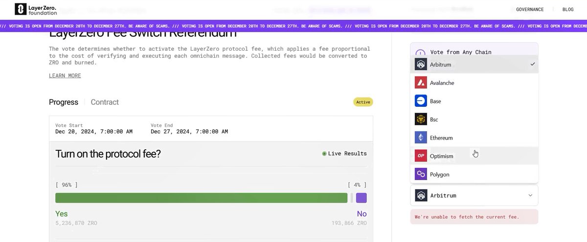 BlackwaterETH's tweet photo. The first Referendum for $ZRO holders is live!

People who held ZRO before December 20, 2024, 00:00 UTC will be eligible to vote!
You can vote until December 27, 2024

https://t.co/VkLaGJS3c0

DISCLAIMER:
You can't buy ZRO now to vote, it's too late already!

How this voting mechanism works:
1. lzReads will aggregates the user’s total ZRO balance across all supported chains (Ethereum, Optimism, Base, Polygon, Avalanche, BNB Chain, and Arbitrum)

For example:

@siujingg have 300 $ZRO on the Mainnet, and 10 on the Optimism. lzRead can calculate her total holdings across all supported chain and bring her total Voting power to 310 $ZRO

2. When user want to cast their vote, user have the freedom to choose whatever chain they want to vote from, not limited to the chain where they stored their assets. 

User can choose from any available chain above to vote from, and lzRead will automatically records your vote on the hub chain, which for this referendum is Arbitrum Chain.

To recap:
User held their $ZRO on Mainnet, cast the votes on Base, and lzRead will automatically record that vote on Arbitrum. 

All votes are secured and can't be tapered. 
1. OApp will send Read Request to the Endpoint, where then it will forwarded to ReadLib where then selected DVN (Nethermind and LayerZero Labs DVN) will validate the data.
2. After the data being validates by the DVNs, DVNs will return the data to the ReadLib 
3. Executors will then send the data back to the OApps

So every votes can't be tapered as there are layers of security verifying the messages.

LayerZero has shown what the future of omnichain govt voting today, and this is one of the many lzRead has to offer. build omnichain.

Any chain, without any constraint. 
LayerZero.

(Interop/acc)