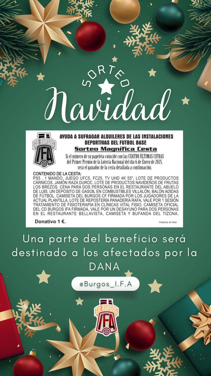 Por 1e puedes participar en esta gran cesta en el sorteo del niño y colaborar con el club y los afectados de la DANA. Diponible en jugadores del club y colaboradores.