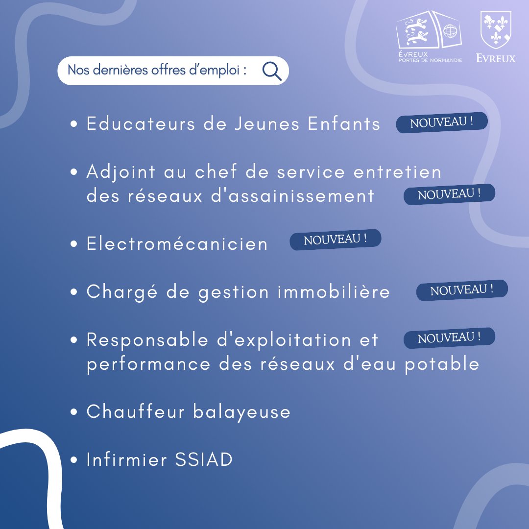 [#EMPLOI]

#Evreux et #aggloevreux recrutent !

&gt; Nouvelles offres : Educateurs de Jeunes Enfants / ...

&gt; Offres en cours :

Gardien de Police Municipale /  ...

👉 Pour postuler, envoyez votre CV et lettre de motivation ⤵️
evreuxportesdenormandie.fr/285-evreux-por…

#offreemploi