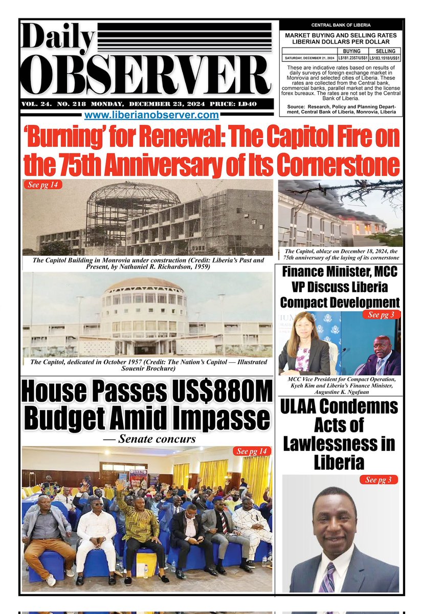 Liberianobserver.com (@libobserver) on Twitter photo #Liberia #Headlines December 23, 2024. π±π· <a href="/MCCgov/">Millennium Challenge Corporation</a> #LiberiaBudget #CapitolFireMonrovia #Liberia #Headlines December 23, 2024. π±π· <a href="/MCCgov/">Millennium Challenge Corporation</a> #LiberiaBudget #CapitolFireMonrovia