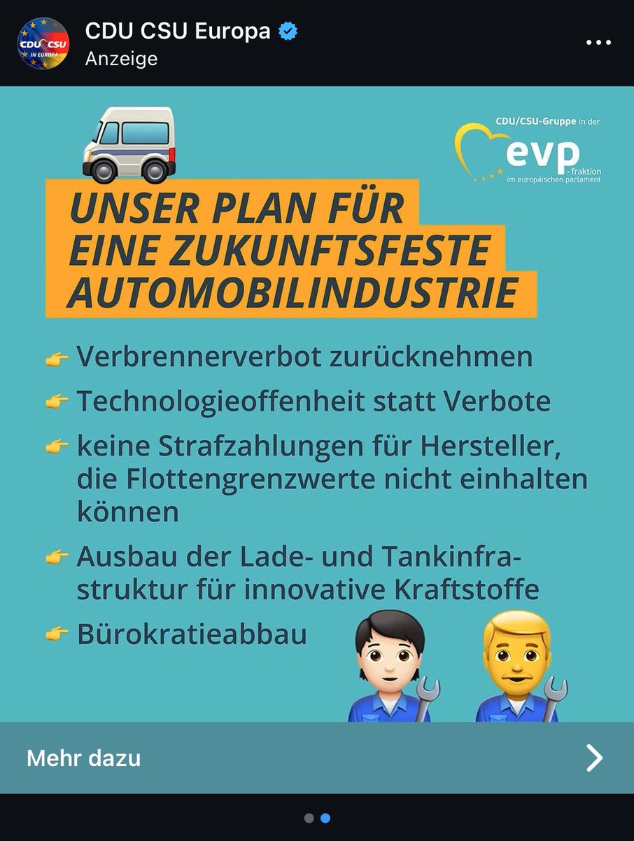 micha_bloss's tweet photo. Die Union ist der Sargnagel der Autoindustrie.

👉🏼 Es gibt kein Verbrennerverbot.
👉🏼 Autohersteller können frei entscheiden, welche CO2-neutralen Autos sie bauen.
👉🏼 Alle, die sich an Flottengrenzwerte halten, werden mit dem Unions-Vorschlag bestraft.
👉🏼 Was sind denn bitte "innovative" Kraftstoffe? Wir brauchen E-Ladesäulen!
👉🏼 Floskelalarm.