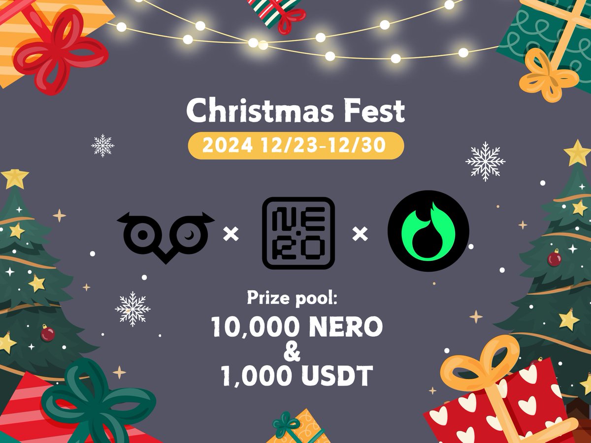 Nerochain_io's tweet photo. 🎄✨ NERO x Owlto x FoxWallet Christmas Fest ✨🎄

The most magical time of the year has arrived, and we’re bringing the cheer with exciting rewards and fun activities! This holiday season, @Nerochain_io, @Owlto_Finance, and @FoxWallet invite you to join a series of festive events where rewards totaling 10,000 $NERO & 1,000 $USDT await!

🎁 Lucky Draw: Win 500 $NERO x 5 & 200 $USDT x 5

📅 Deadline: 12/23~12/30 (UTC+0)

🎯 How to join:

1️⃣ Follow @Nerochain_io @FoxWallet @Owlto_Finance
2️⃣ Retweet this post and tag 3 friends
3️⃣ Join our Discord: https://t.co/Au1LfScYfZ

But that's not all! Keep an eye out for our meme contests and daily drops taking place in Discord—more ways to win and share the holiday spirit.

Join the festivities and celebrate this Christmas with NERO, Owlto Finance, and FoxWallet! Let’s make this holiday season unforgettable!

#NEROChain #FoxWallet #Owltofinance #airdrop  #Christmas
