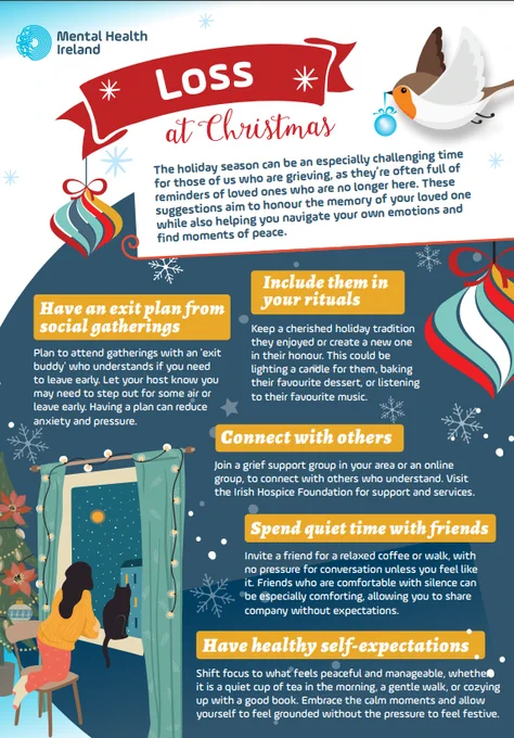 Infographic by Mental Health Ireland detailing tips to manage holiday season anxiety. Includes suggestions like planning visits and activities ahead, including oneself in holiday joys, engaging in therapies or mediation, connecting with others, spending quality time with friends, and setting realistic expectations for the holiday season.
